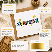 A square surprise card and kraft envelope shown in a styled flat lay with decorative props. The card has the word “SURPRISE” in colorful bubble letters with small star accents, and a gold foil sticker is shown inset with dimensions.