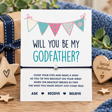 Godfather wish string bracelet. Black cotton cord bracelet with small silver star bead charm. Displayed on the Godfather proposal keepsake card with wish instructions. Will you be my Godfather gift. 