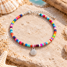 colourful beaded anklet with a small silver seashell charm. Rainbow beaded ankle bracelet 
