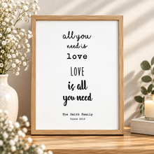A framed typographic wall art print with the phrase “all you need is love, LOVE is all you need” and the personalized text “The Smith Family Since 2012,” personalised family quote print 