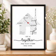 A framed custom map art print shaped like a house. Personalised housewarming print. New home map print 
