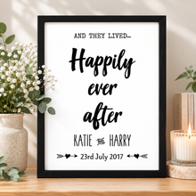A personalised wedding print with black text on a white background. Happily ever after print , wedding present 