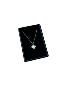 Gold & white pearlescent clover necklace