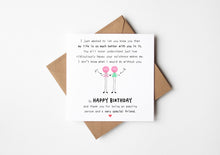Birthday card with cartoon characters and heartfelt message on a white background