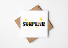 Colorful 'SURPRISE' card with stars on a white background