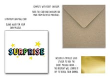 Greeting card with 'Surprise' text and gold envelope, featuring recycled materials information.