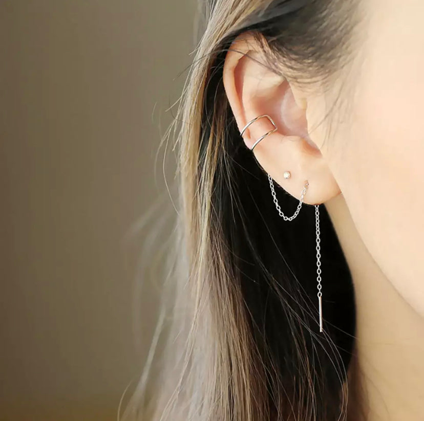 silver ear cuff with chain and bar dropper
