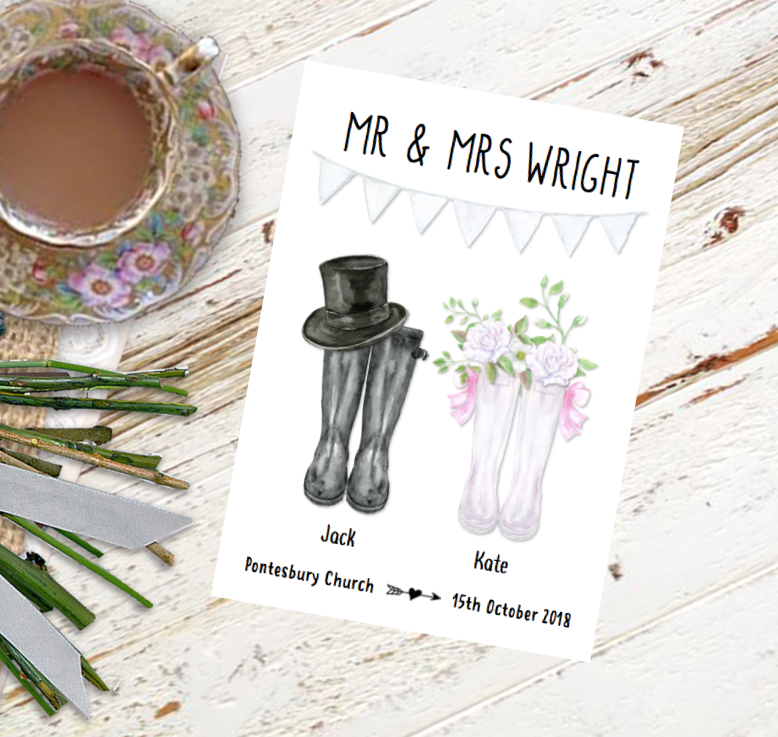 Personalised Wedding Wellies Print in A4 Portrait Mermaid Marys