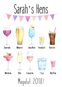 personalised hen party drinks print