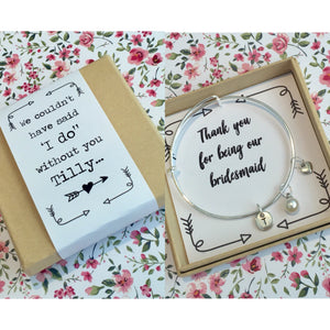 Thank you for being our bridesmaid charm bangle complete with gift box & personalised sleeve