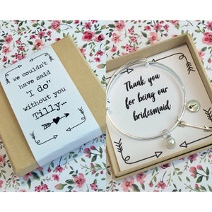 Thank you for being our bridesmaid charm bangle complete with gift box & personalised sleeve