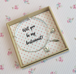 Will you be my Bridesmaid charm bangle complete with gift box & personalised sleeve